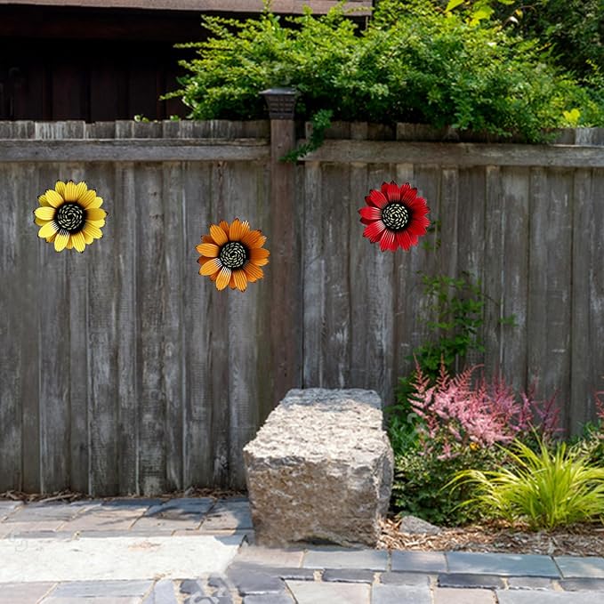 Sunflower Outdoor Metal Wall Art - 3Pack 9" Metal Flowers Wall Decor for Porch, Garden, Yard - Weather-Resistant Indoor Floral Wall Art - Durable Outdoor Wall Decor