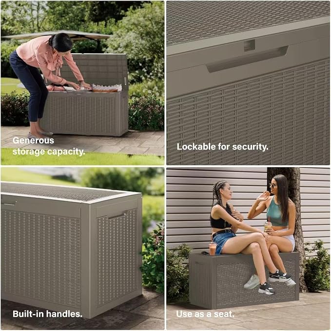 320 Gallon Outdoor Storage Box, Waterproof Resin Deck Box with Lockable Lid Large Storage Bin for Patio Furniture Cushion, Garden Tools, Pool Accessories UV-Resistant Outside Delivery, Gray