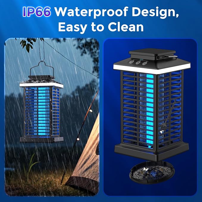 Bug Zapper Outdoor, 2026 Upgraded 3 in 1 Rechargeable Bug Zapper with 5000mAh Battery & LED Night Light, 4000V Cordless Waterproof Mosquito Zapper for Outside,Patio,Backyard,Garden Black