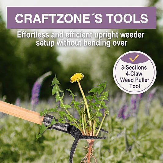 Weed Puller Long Handle Foot Platform Design 4-Claw Steel Head & Removable 3-Section Pole Garden Tools-Easily Remove Weeds Without Bending or Kneeling Stand Up Weed Puller Tool with Wooden