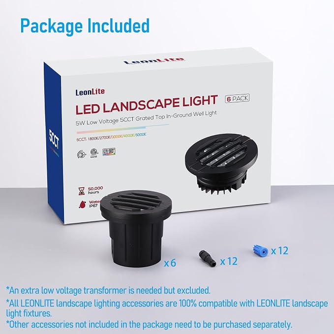 LEONLITE 6-Pack Dia. 4 Inch 5CCT Well Light Grated Top Black | 1800K/2700K/3500K/4000K/5000K, 12-24V AC/DC, CRI90, Landscape LED In Ground Outdoor, Low Voltage Garden Landscaping, Aluminum