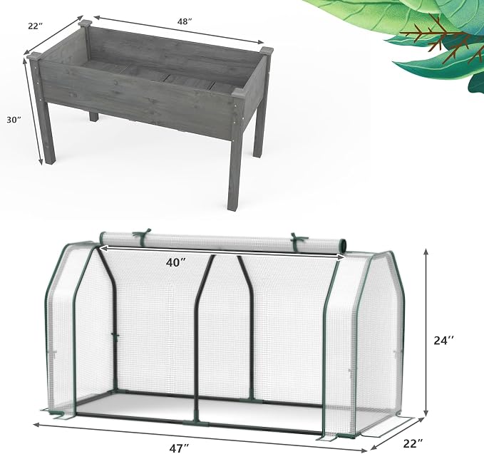 S AFSTAR Raised Garden Bed with Greenhouse Cover, Elevated Wooden Planter Box, 47”L x 24”W x 30”H, Outdoor Gardening Planting Bed for Vegetables Flowers & Herbs Grow Backyard Patio Lawn