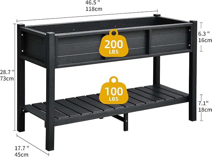 DWVO Raised Planter Box with Legs 48x18x30in Raised Garden Bed HDPE Poly Wood Weather-Resistant Elevated Garden Bed with Storage Shelf, Planter Boxes Outdoor for Patio Balcony Backyard, Black