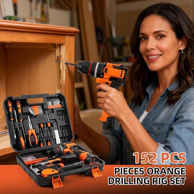 16.8V Brushless Cordless Drill Driver Kit 158PCS, Household DIY Hand Power Tool Combo Set for Professional Garden Office Home Repair Orange