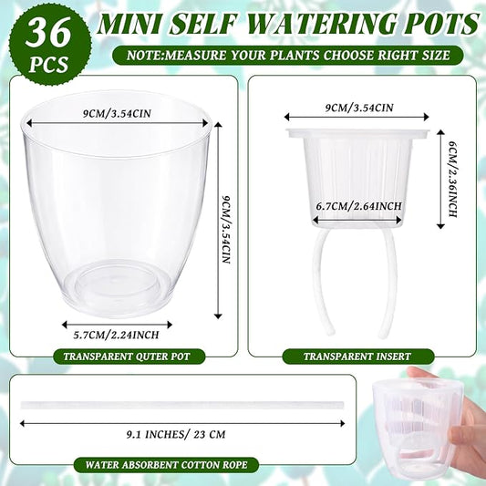 36 Pcs Self Watering Pots, 3.5 Inch Plastic Plant Pot with Inner Pot Self Watering Wick Planter Pots for Indoor House Plants, Flowers, Succulents(Transparent)