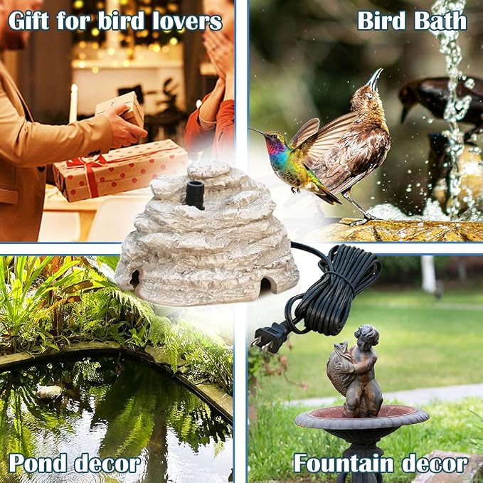 Bird Bath Fountain, Resin Granite with 9.8ft Long Wired Pump for Outdoor Garden Patio Decor, Rock Water Feature Fountain for Hummingbird Birdbath Aquariums and Fish Tank (Gray)
