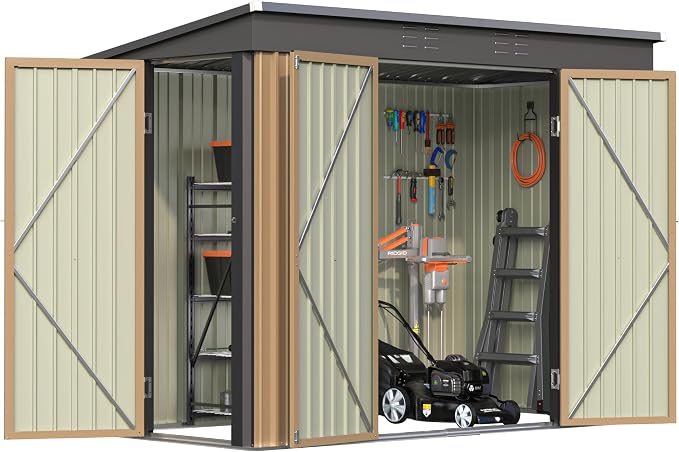 Greesum 8x4FT Outdoor Storage Shed, Metal Shed with Triple Lockable Door, Utility Tool Storaged Garden Shed with Slopping Roof for Patio Storage, Brown