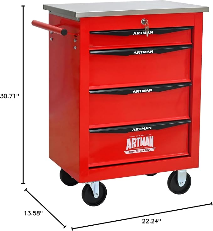 KEIKI 4 Drawers Tool Cart on Wheels,Multifunctional Rolling Tool Chest Tool Storage,Drawers Rolling Tool Trolley Organizer Tool Case for Garage, Warehouse, Workshop, Repair Shop (Red)