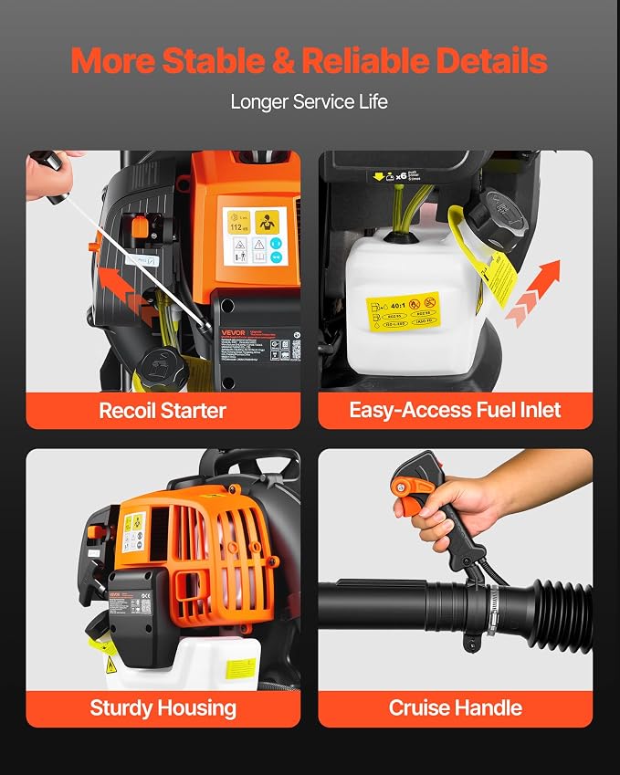 VEVOR Backpack Leaf Blower, 43CC 2-Stroke Engine Gas Powered Leaf Blower with 1.38L Fuel Tank, 447 CFM Air Volume, 150 MPH Air Speed, Ideal for Lawn Care, Leaves Cleaning, Yard Debris & Snow Removal