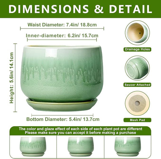 Ceramic Pots for Plants - 7 Inch Planters for Indoor Plants, Round Ceramic Plant Pot with Drainage Hole and Saucer, Decorative Planters, Rustic Home Decor, Plant Gifts for Women, Green
