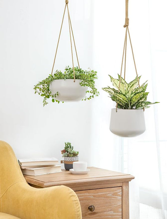 Mkono Ceramic Hanging Planter of Shallow 8 Inch and Deep 6 Inch for Indoor Outdoor Plants, Set of 2 Modern Plant Pot Geometric Porcelain Hanging Basket with Polyester Rope Hanger