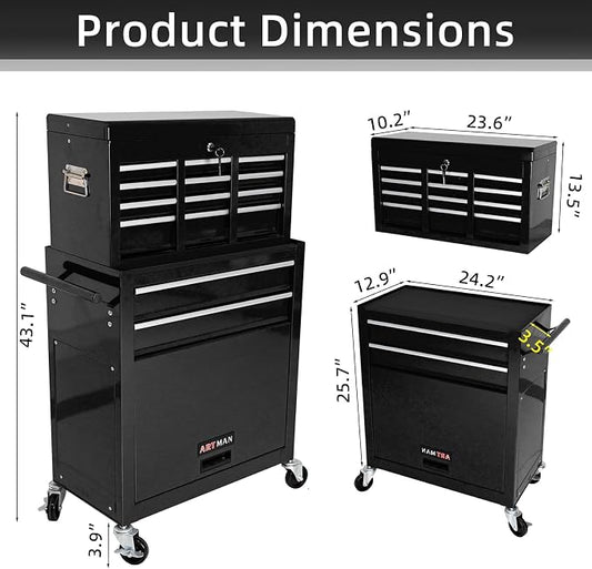 8-Drawer Tool Chest, Detachable Top Box for Garage,Black | Rolling Mobile Storage Cabinet Organizer with Lockable Wheels for Workshop Utility, Heavy Duty Metal Construction