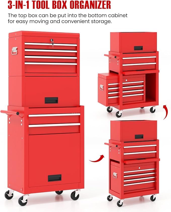 ARNOT 2-in-1 Rolling Tool Chest with 5 Drawers, Heavy-Duty Metal Tool Box with Wheels, Detachable Top Tool Box & Rolling Tool Cabinet for Garage, DIY (6-Drawers Whith Middle Box, Red)