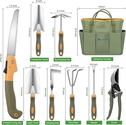 Yesker Gardening Tools 9-Piece Heavy Duty Garden Tool Set Gardening Supplies Gifts for Women Men Gardening Hand Tool Kit w Non-Slip Ergonomic Rubber Handle, Durable Garden Bag, Pruning Shears, Green