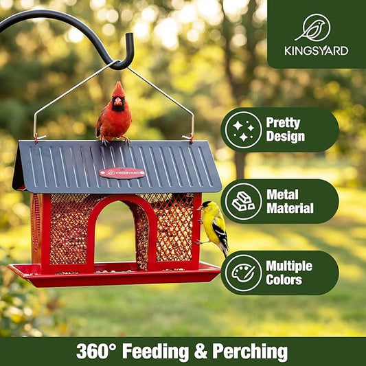 Kingsyard Wild Bird Feeder for Outdoors Hanging, All Metal | Dual-Use Mesh with 360° Feeding, Weatherproof Roof, 3 lb Seed Capacity, Garden Decor & Birding Gift, Red