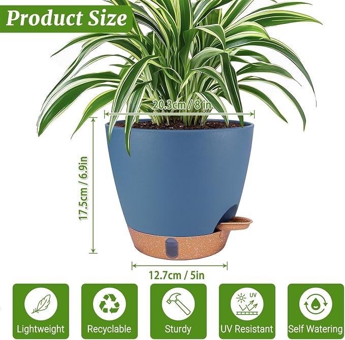 2 Pack 8 inch Plant Pots, Plastic Self Watering Planters with Drainage Holes, Deep Reservoir, Water Level Indicator, Modern Decorative Flower Pots for Indoor Outdoor Plants (Navy Blue, 8 inch)