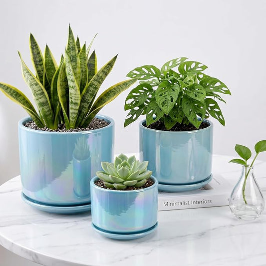 EFISPSS Ceramic Planter 4+5+6 Inch Ceramic Flower pots for Indoor Plants with Drainage,for Succulent Cactus,Garden Planters,Modern Decorative for Home Blue Pearl Glaze Plant Pots