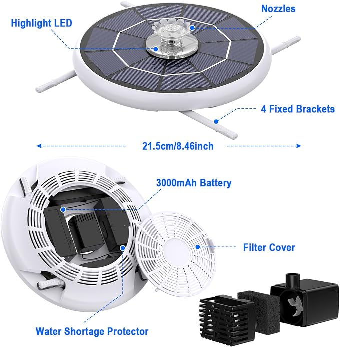 AISITIN 6.5W Solar Fountain for Bird Bath with 3000mAh Battery & Color Changing LED Light, 4 Anti-drift Brackets & 8 Nozzles, Solar Powered Bird Bath Fountain for Garden, Backyard, Fish Tank and Patio