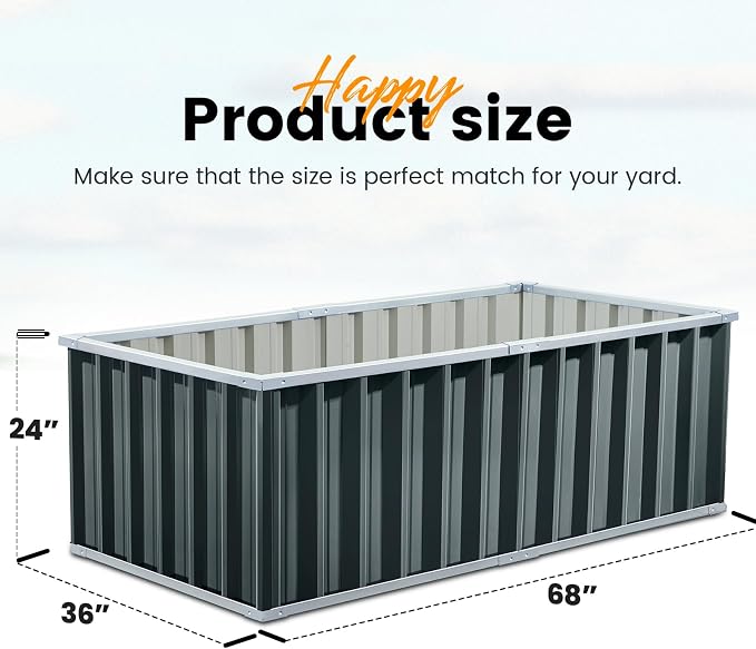 KING BIRD Raised Garden Bed 68" x 36" x 24" Heightened Galvanized Steel Metal Planter Box Outdoor for Deep-Rooted Vegetables, Flowers, Large Raised Bed Kit (Dark Grey)