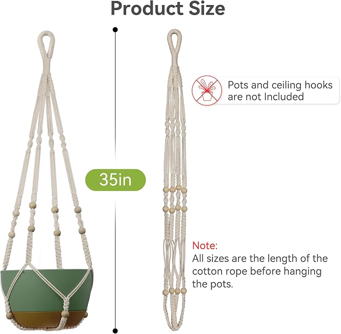 USLAI Macrame Plant Hanger Indoor Outdoor, Fits 4 to 15 Inch Pots, Strong Hanging Planter Holder, Boho Home Decor, 35 Inch, Ivory (POTS NOT Included)