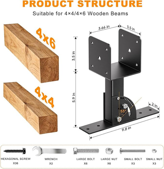 Pergola Roof Rise Bracket-Kit - Upgrade Adjustable Angle Mount Pergola Beam Brackets Support for 4x4/4x6 Lumber 3Pcs