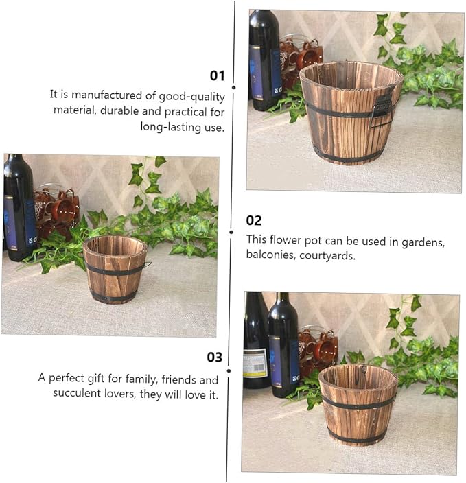3 Pcs Wooden Bucket Flower Pot Retro Barrel Planter for Succulents Garden Decor for Patio Lawn Balcony Courtyard Solid Color Rustic Wooden Flower Pots