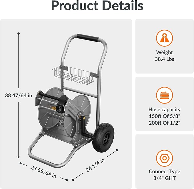Giraffe Tools Garden Hose Reel Cart with Wheels, Heavy Duty Metal Water Hose Reel Cart, 200 ft of 1/2 Capacity, Mobile Hose Reel Cart for Outside