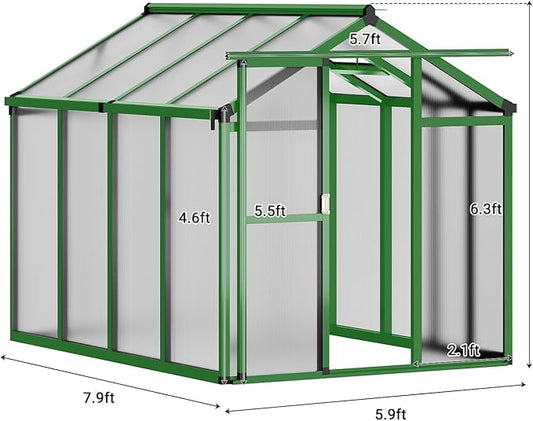 6X8 ft Greenhouse, Greenhouses for Outside, Aluminum Frame Polycarbonate Panels with Sliding Lockable Door and Ajustable Roof Vent, Spacious Walk-in Design for Backyard, Garden, Patio, Green
