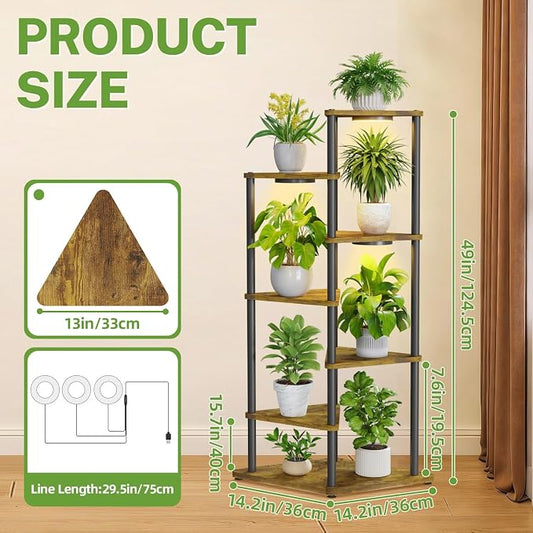iDavosic.ly Tall Plant Stand with Grow Lights for Large & Heavy Duty Planters, 6 Tier Indoor Corner Flower Shelf with Wooden Trays & Metal Frame, Orchid Rack for Living Room Balcony, Black & Brown