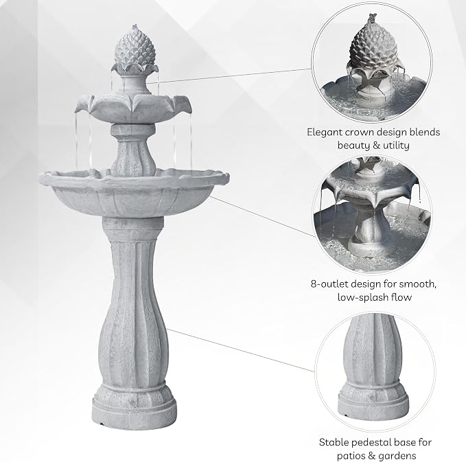 XBrand 44" Solar Powered Outdoor Fountain, Elegant 2-Tier Cascading Water Feature, Fiberglass Resin Garden & Patio Fountain with Solar Panel - White