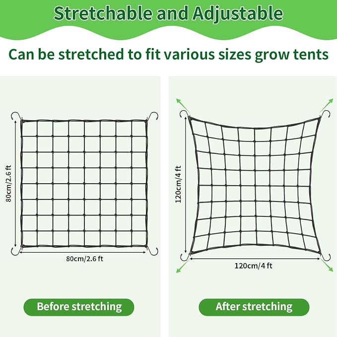 Trellis Netting, 2 Pack Scrog Nets with 8 Hooks, 4x4 Trellis Net for Grow Tent, Heavy-Duty Plant Net for Cucumber Gardening and Horticulture, Grow Tent Accessories