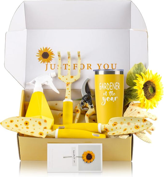 Garden Tool Set with Sunflower Print, Heavy Duty Gardening Hand Tools with Garden Tool Bag,Gardening Gifts for Women&Men,Yellow