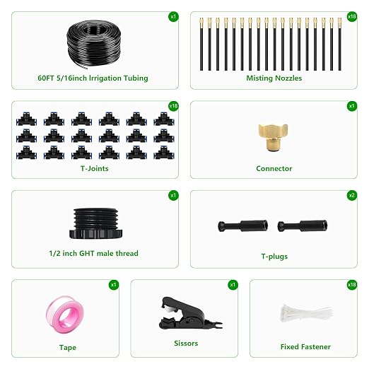 60FT Drip Irrigation System for Garden β Automatic Watering Kit with Solid Brass Metal Connectors, 360Β° Bendable Tubing &16 Adjustable Nozzles for Greenhouse, Lawn, Yard & Plants
