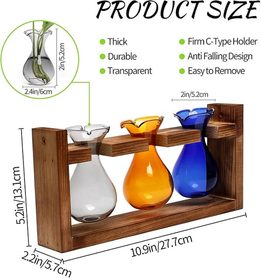 Plant Propagation Station Plant Terrarium Unique Birthday Gifts for Women | Plant Lovers Home Office Decor Planter with Wooden Stand - 3 Bulb Glass Vase