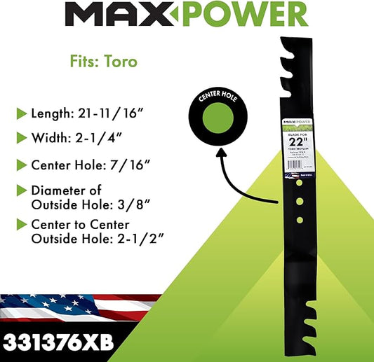 MaxPower 331376XB USA MADE Commercial Mulching Mower Blade | For 22" Toro Recyclers, Replaces OEM no. 108-9764-03, 131-4547-03