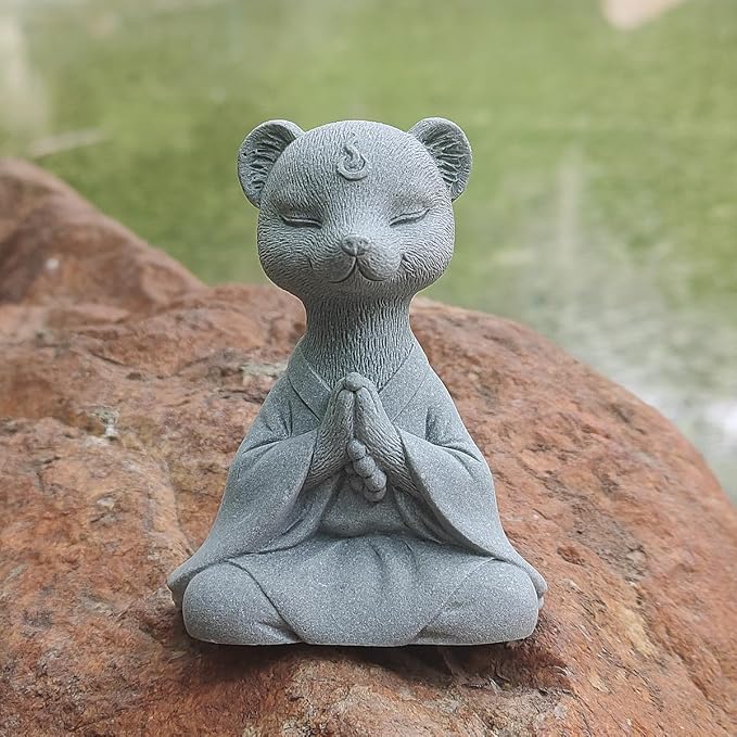 livelyfish Meditating Fox Buddha Statue Aquarium Zen Yoga Animal Figurines Sandstone Sculpture for Fish Tank Garden Tabletop Decor (S2)