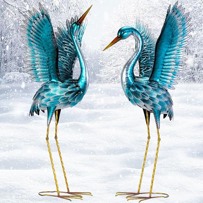 Natelf Garden Crane Statues for Outdoor, Blue Heron Decoy Courtyard Sculptures, Standing Metal Bird Yard Art for Patio Pond Backyard Decor(Set of 2)