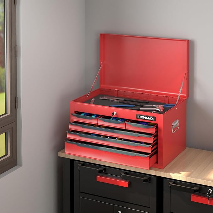 Goplus Tool Box, 24” Steel Tool Chest w/6 Drawers, Top Tool Tray,Automatic Lock, Protective Liners, Handle, Smooth Ball Bearing Sides, Portable Tool Storage Organizer, Toolbox for Garage Workshop
