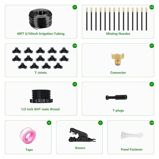 40FT Drip Irrigation System for Garden β Automatic Watering Kit with Solid Brass Metal Connectors, 360Β° Bendable Tubing & 14 Adjustable Nozzles for Greenhouse, Lawn, Yard & Plants