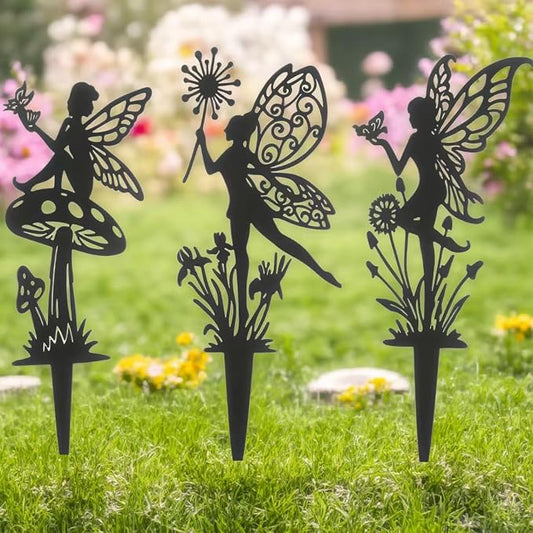 Decorative Garden Stakes, Fairy Garden Stakes, Butterfly Fairy Stakes for Weather Resistant Black Metal Outdoor Decorative Art for Women Gift (Matte Black, 3P-B)