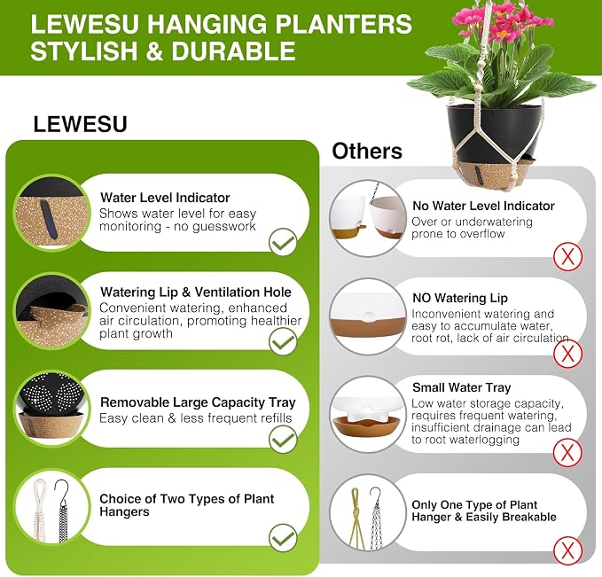 LEWESU Set of 2 Hanging Planters for Indoor Plants with Self Watering Includes Hanging Pots and 2 Types Plant Hangers, Outdoor Hanging Baskets Holder for Home Garden, 10 Inch Midnight Black