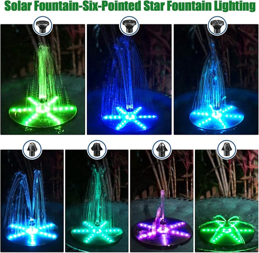 SZMP Solar Fountain with Colorful Star-Shaped Lights, 4W Bird Bath Fountain Pump with 4000 mAh Battery, 7 Nozzles & 4 Fixers, Solar Water Fountain for Garden, Pool, Pond, Outdoor(30 LEDs)