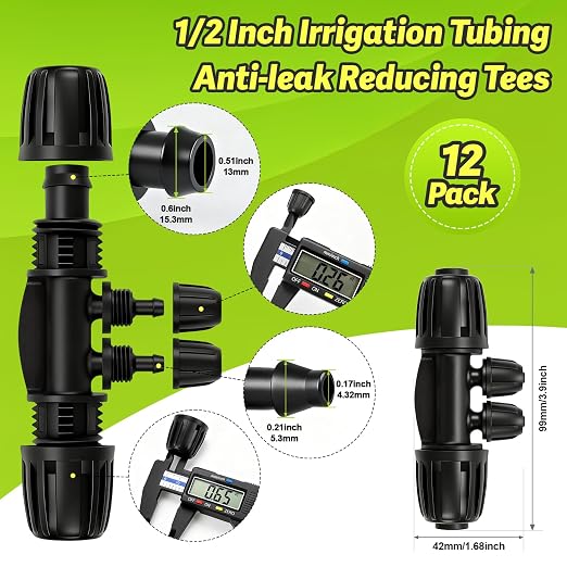 12 Pcs 1/2 Inch To 1/4 Inch Irrigation Tubing Fittings, 1/2"(1/2" ID x 0.65" OD) To 1/4" Drip Barbed Tee Adapter 16mm Anti-Drop Locked Nut T Reducer To 1/4" Distribution Line Connector