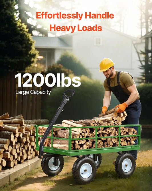 VEVOR Steel Garden Cart, 1200 lbs Heavy Duty Pullable Garden Wagon Yard Cart, 2 in 1 Outdoor Metal Utility Wagon Yard Trailer with 13" All Terrain Tires, Mesh Detachable Sides and 180° Rotating Handle