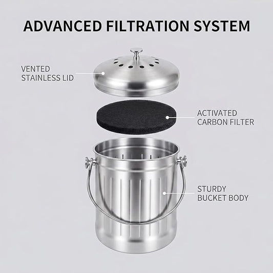 1.3 Gallons 5L Brushed Stainless Steel Kitchen Countertop Undersink Indoor Odorless Composting Compost Bin Countertop Composter with Charcoal Filter Inside Lid Brushed