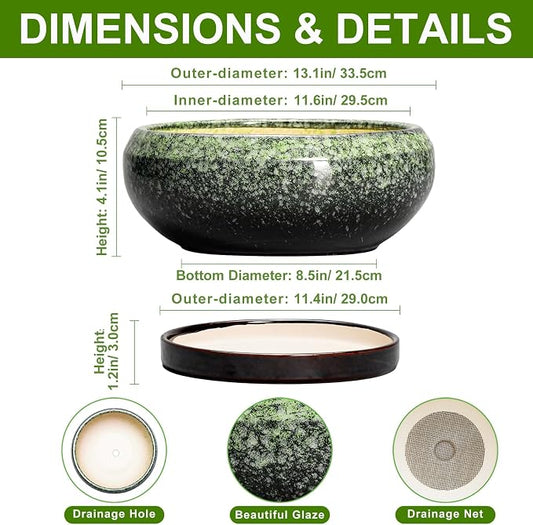 Bonsai Pots - 13 Inch Ceramic Succulent Planters Indoor, Round Shallow Planter with Drainage Hole and Saucer, Large Succulent Pot, Bowl Planter Outdoor, House Decor, Housewarming Gift, Green