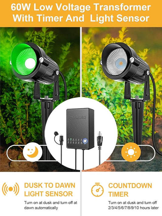 ZUCKEO All-in-One RGBW Landscape Lighting Kit, 5W Color Changing Low Voltage Landscape Lights with Transformer and 80FT Wire, LED Multi-Color Landscape Spotlights for Holiday Yard Garden House, 8Pack