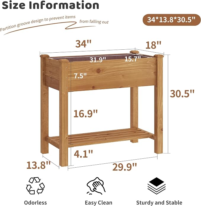 Raised Garden Bed with Legs Elevated Wooden Planter Box Stand Large Planter Stand Box for Fruits Vegetables Flowers with Divider with Bag - 34x18x30.5IN(Brown)
