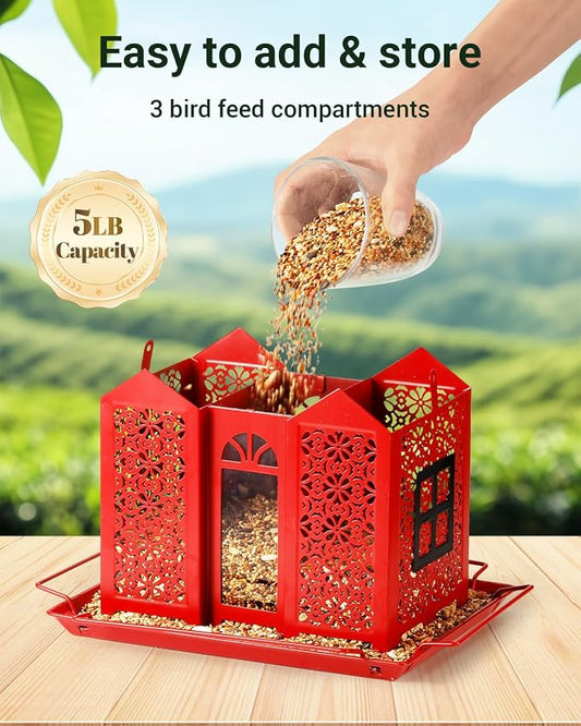 HouseSapp Bird Feeders for Outdoors, Metal Mesh Wild Bird Feeder with Triple Feeders for Finch Cardinal Chickadee, Large Capacity, Weatherproof and Durable, Red
