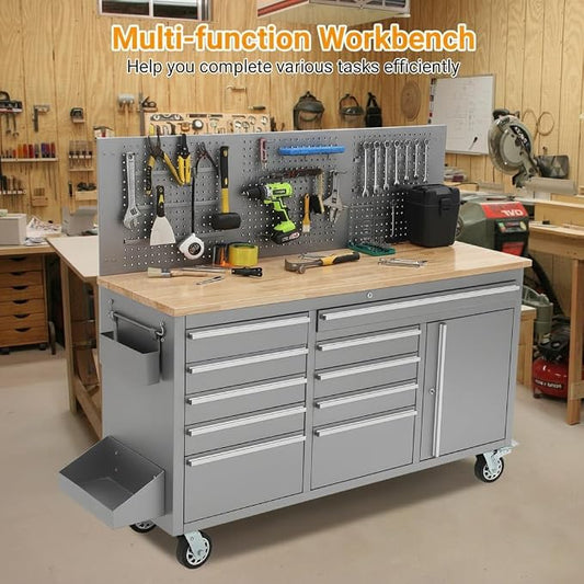 GarveeTech 61-Inch Rolling Tool Chest, 10-Drawer Heavy Duty Garage Workbench with Solid Rubber Wood Top, Power Strip, 1675 LBS Load Mobile Storage Tool Cabinet - Black Workstation
